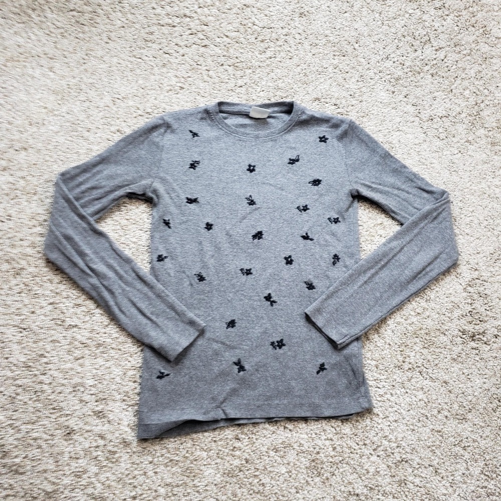 ZARA Sweater Girls 13-14 Gray Floral Embroidered Crew Neck Lightweight Pullover